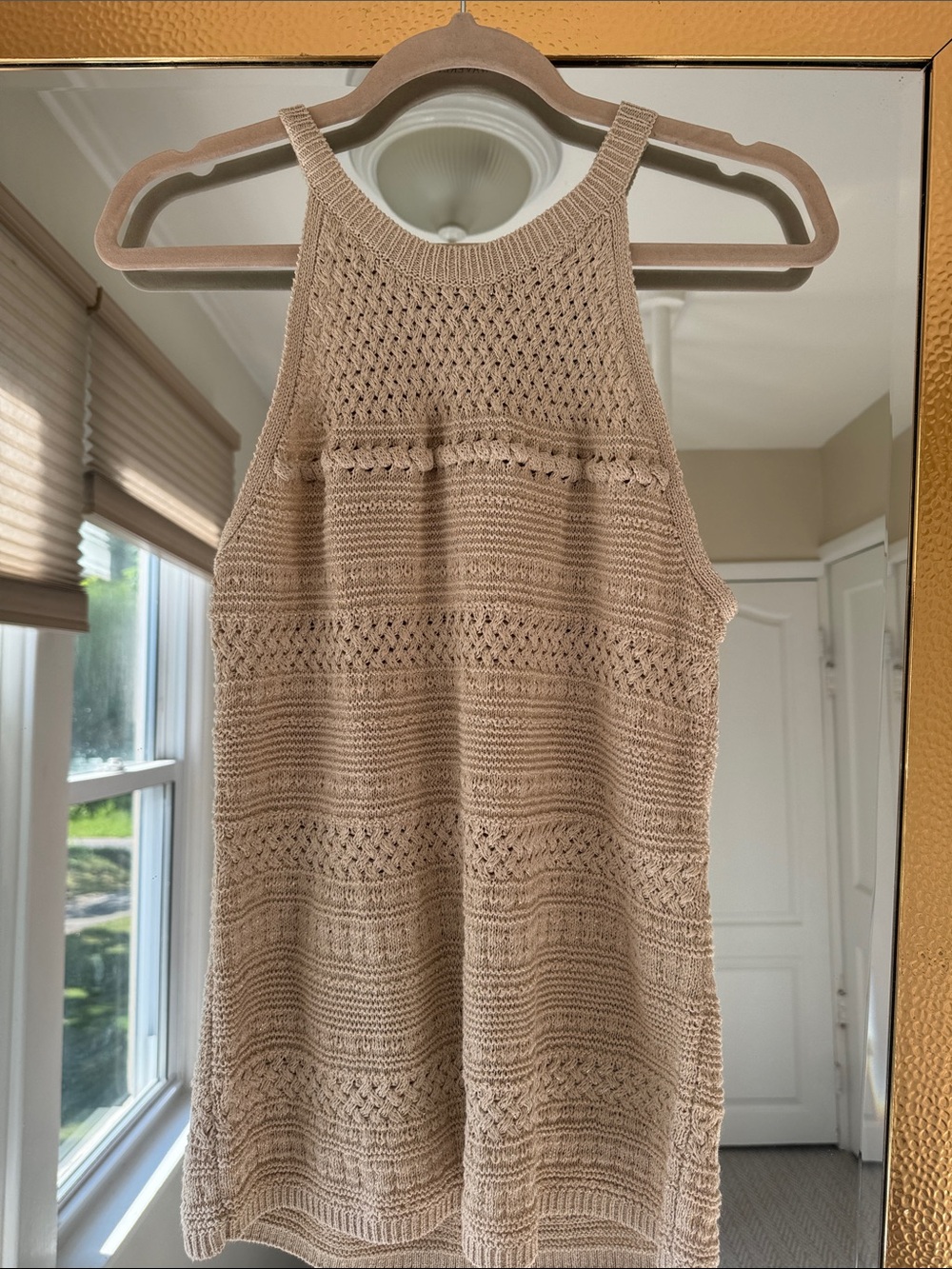 White House Black Market Beige Knit Sleeveless Crochet Tank